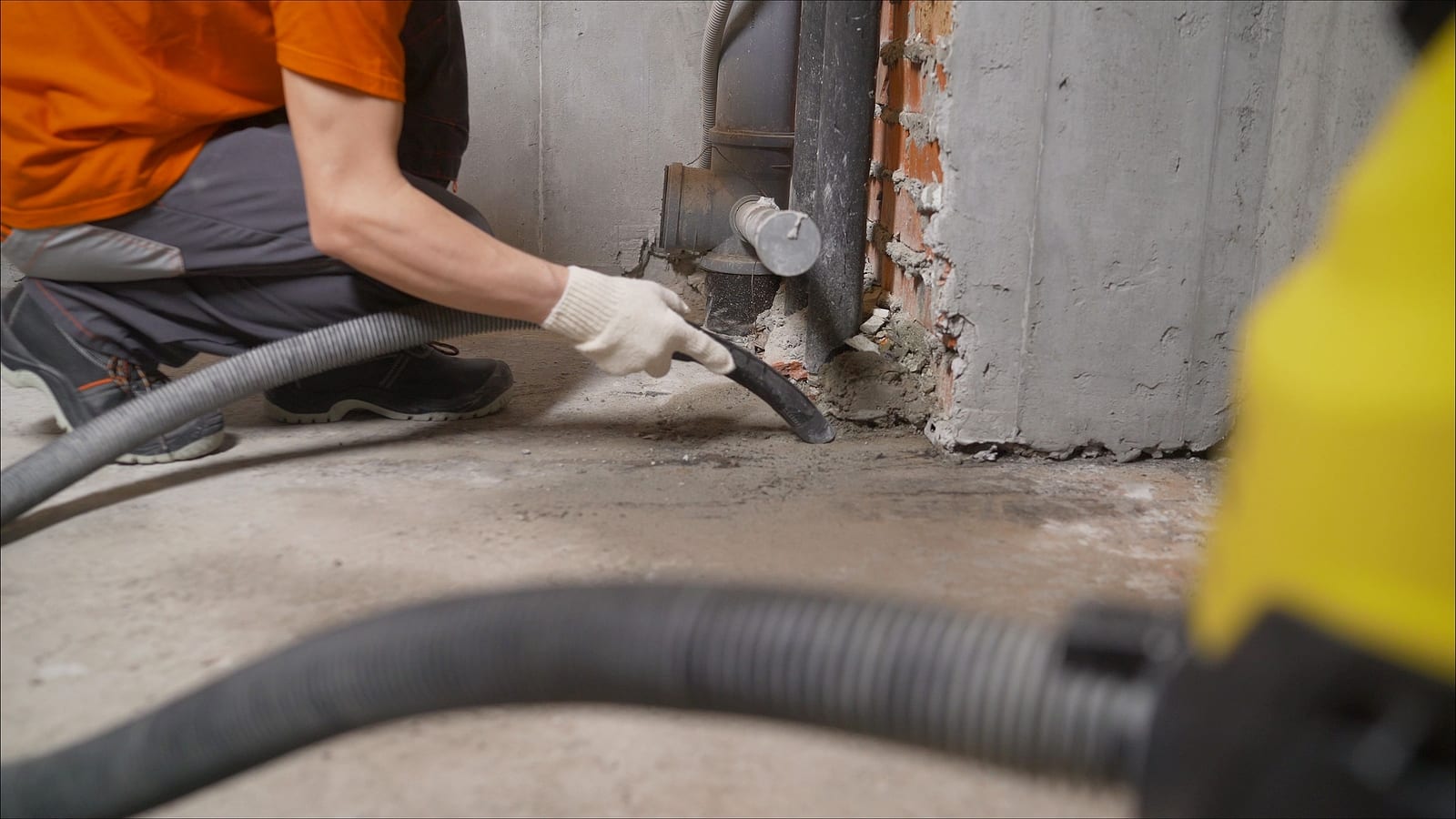 Worker Vacuuming Dust At A Construction Site. Vacuum Cleaner For AVEX