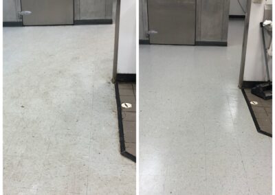 A before and after picture of the floor in a public restroom.