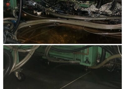 A before and after picture of the inside of an engine compartment.