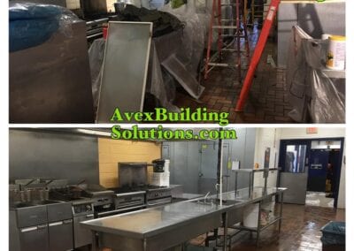 A kitchen with an industrial cleaning and a commercial building.