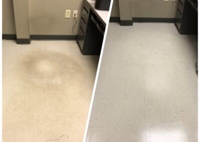 A before and after picture of the floor in a bathroom.