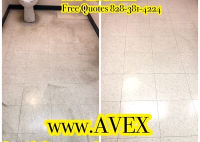 A before and after picture of the floor care division 's tile cleaning.