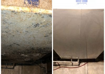 A before and after picture of the floor in an elevator.