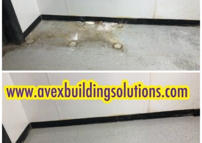 A before and after picture of the floor in the bathroom.