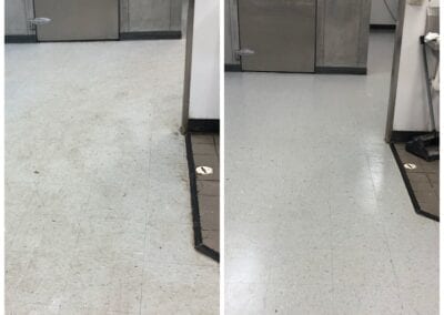 A before and after picture of the floor in a restroom.