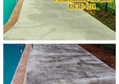 A before and after picture of a pool deck cleaning.