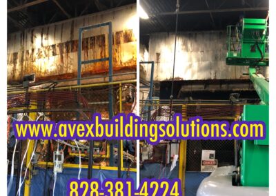 A before and after picture of the interior of an industrial building.