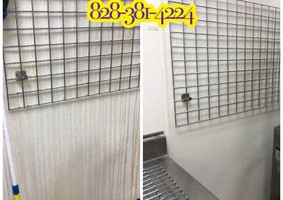 A before and after picture of the wall in the bathroom.