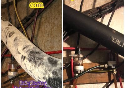 A before and after picture of the pipes in the wall.