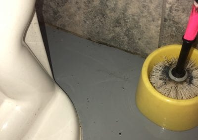 A toilet with a brush in it next to the bowl.