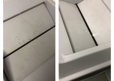 A white sink with two different pictures of the same sink.