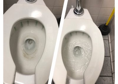 A toilet that has been cleaned and is in the process of being cleaned.