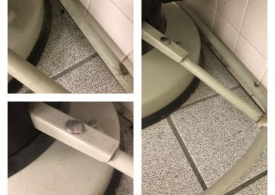 A collage of photos with the toilet seat up.