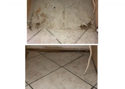 A before and after picture of the floor in the kitchen.