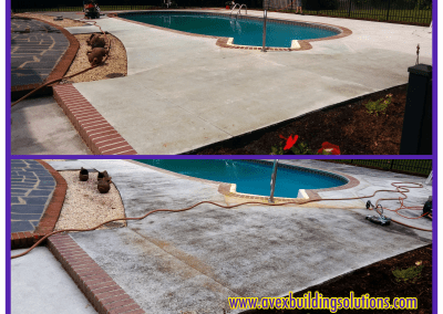 A before and after picture of a pool deck.
