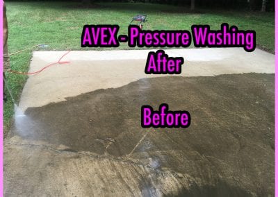 A picture of the back side of a mattress with text that says avex-pressure washing after before.