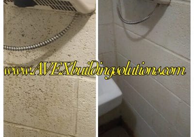 A before and after picture of the bathroom wall.