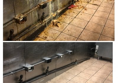 A before and after picture of the floor in a restaurant.